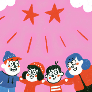 Characters from Gravity Falls, Mabel Pines, Dipper Pines, Soos, Grunkle Stan, and Wendy, digitally illustrated. Each character has a distinct pose and facial expression, gathered together in a vibrant, cartoon-like setting.