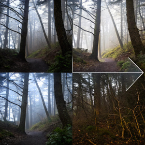 Diagram illustrating photogrammetry-based environment textures creation in Substance Designer. Starts with scanning, generating point clouds, meshing, baking maps, color correction using equalizer, adjusting roughness and height maps, and final output