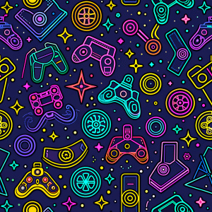 Gaming Fun colorful line doodle shape seamless pattern. Creative minimalist style art background for children or trendy design with basic shapes. Simple childish scribble backdrop.