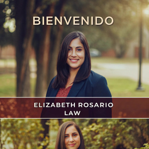 Business card for Elizabeth Rosario Law. Professional headshot, Spanish welcome message. Contact information listed