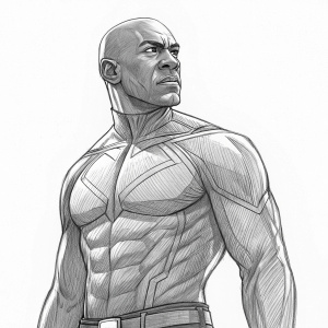Line-art sketch of a muscular male character with a bald head, resembling a figure from Marvel comics. Toned physique, detailed musculature, plain background.