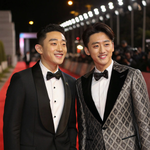 Yoo Ah-In and Do Kyung-Soo at a glamorous award show. Both wearing designer tuxedos, smiling for the cameras.