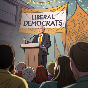 Vince Cable delivering a speech at a political rally. He stands behind a podium with 'Liberal Democrats' banner in the background.