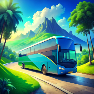 bus modern jangan terlalu besar warna biru dengan biground pemandangan pantai yang terlihat realistis