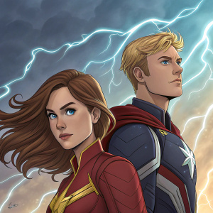 Characters from 'Et Lireal' comic series. Tatiana E.C. Braun's artwork. Female with brown hair, striking blue eyes, and male with blonde hair. Dynamic poses against a dramatic cloudscape backdrop.