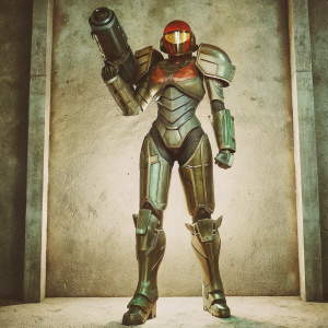 3D model of Samus Aran from Metroid Prime. Standing confidently, in detailed armor, on a plain white background