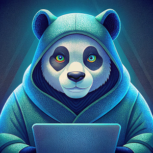 Oso panda Hacker misterioso con forma humana manejando un computador.