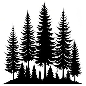 pine trees silhoutte drawing, clean simple lines, black and white