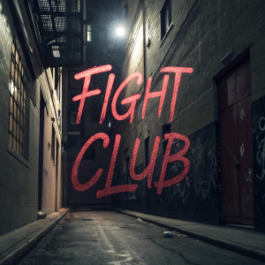 David Fincher's 'Fight Club' promotional poster. Dark alley background. Red graffiti style text 'Fight Club' dominating the center. Subtle tagline below.