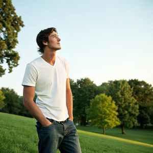 Eric Balfour, an actor, wearing a casual white t-shirt and jeans. He stands in a vibrant green park during daytime. He has a thoughtful look on his face.