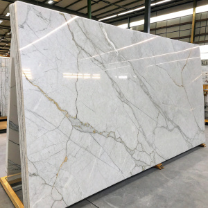 Close-up view of a Bianco Eclipsia Quartzite slab. Natural stone surface with intricate veining and crack patterns.