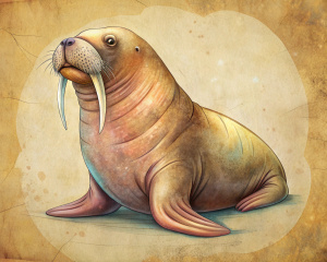 Walrus- for children's science magazine illustration-old paper