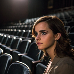 Emma Watson, brunette, close-up, makeup enhanced, intense gaze, sitting alone in an empty theater.