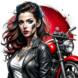 motorcycle bikergirl tattoo design - perfect realistic art - high-definition - grey and black - white background 