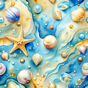 Pattern Seamless, Vector, Vintage Old Soft Colors, Shade Blue, Abstract Hand-Draw, Beach Shore, Sand with Water Drops, Starfish, Sea Shells, Golden Pearls. Realistic