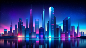 abstract background of city skyline surrounded by water, night time