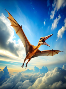 A pterodactyl flying majestically in the blue sky, closer diagonal front view