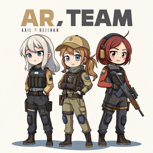 Digital artwork featuring the 'Ar Team' from Girls' Frontline, each character with unique features and resolute expressions. Plain background