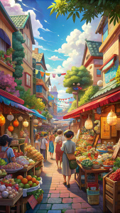 A bustling street market in a vibrant anime city, with stalls selling a rainbow of fruits, flowers, and fabrics, and characters dressed in colorful traditional attire.







