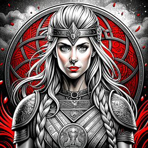 shieldmaiden perfect realistic art, high-definition, high-definition grey and black, white background 