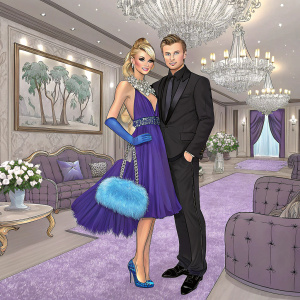 Nick Carter and Paris Hilton at a glitzy mansion party. Paris in a purple dress with blue accessories and a furry bag. Nick in a black suit. Lavish interior with chandeliers and artwork.