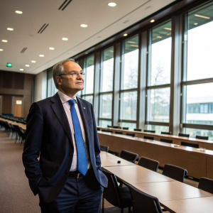 Giorgio Marchetti, UEFA Deputy General Secretary, dressed in a dark suit and blue tie, in an empty conference room.