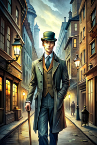 Sherlock Holmes in his deerstalker hat, with a cane, walking speedily through a street of Victorian London