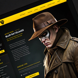 Official 'Watchmen' movie website. Black background with yellow accents. Details on Blu-ray release, special features. Close-up of character in brown hat and jacket.