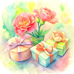 Watercolor, carnation, love, heart, gifts, bows, happiness, white background, , Mother's Day, watercolor celebration of mothers around the world, illustrative background in watercolor,
