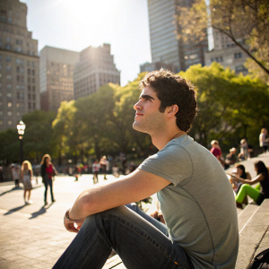 Darren Criss in a casual t-shirt and jeans. Sitting in a bustling city park. Bright sunlight