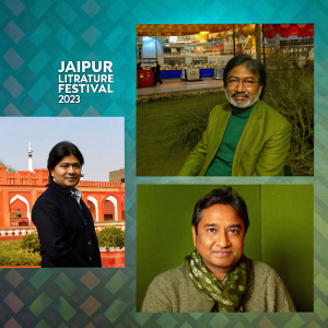 Promotional brochure for Jaipur Literature Festival 2023. A collage of photos featuring red-bricked buildings, bustling marketplaces, author headshots from diverse backgrounds. Text and images blend seamlessly to create an engaging design.