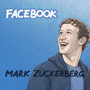 Cartoony illustration of Mark Zuckerberg, happy face, in a sea of blue. Facebook logo on the right