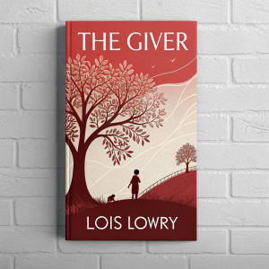 Book cover for 'The Giver' by Lois Lowry. Vibrant red backdrop. Title in sleek white font.
