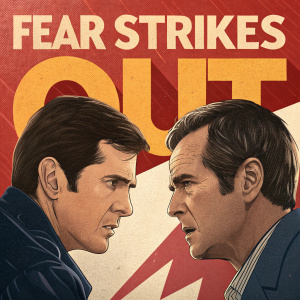 Movie poster for 'Fear Strikes Out'. Flat illustration style. Anthony Perkins and Karl Malden in a dramatic standoff. Bold colors, tense expressions.
