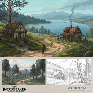 Concept art gallery showcasing the evolution of Thronebreaker: The Witcher Tales. From initial pencil sketches to detailed color renditions. Depicting a rustic village, winding paths, and a serene lake. All rendered in a muted palette of earthy tones and hints of blue, evoking a sense of traditional fantasy art nostalgia.