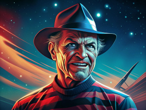 Low Angle Shot, waist-length portrait 3/4 view, Freddy Krueger, smile and happy, movie cover, 60s retrocolors