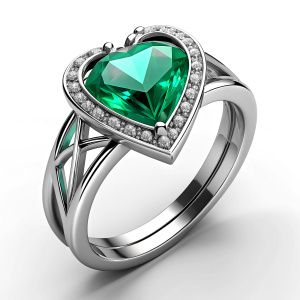 I want a very stylish and elegant ring design for the marriage proposal. I want the design to have a heart-shaped emerald stone and a pear shape  white diamond.