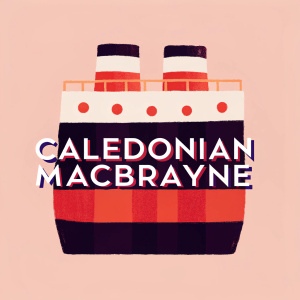 The CalMac ferry company logo. Traditional design with a modern twist. Bold red and gold colors. White background. Modern font for 'Caledonian MacBrayne'.