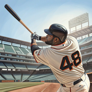 Pablo Sandoval, wearing number 48 jersey, practicing baseball at an empty stadium.