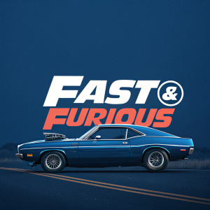 Photorealistic image of the Fast & Furious logo. The text 'FAST FURIOUS' in bold, stylized font against a deep blue background.