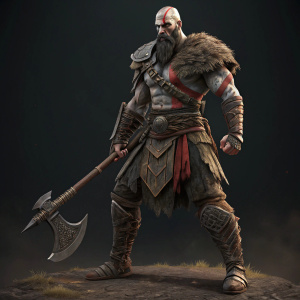 Digital 3D render of Kratos, from God of War, standing in a menacing stance. Detailed armor, fierce look