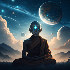 Digital artwork of Avatar Aang. Glowing blue eyes. Astral background.