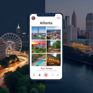 Digital media ad featuring Instagram-style travel brochure for Ahlanta tour packages. Visually appealing grid layout on dark background.