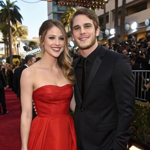 Melissa Benoist and Blake Jenner attending the Golden Globe Awards. Wearing elegant red strapless gown and a sleek black suit respectively. Surrounded by a lively crowd and flashing cameras.