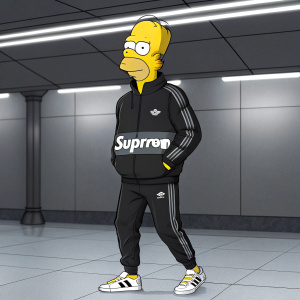 Modern digital illustration of Homer Simpson. Wearing a black tracksuit with 'Supreme' logo in white. Background is sleek and minimalist
