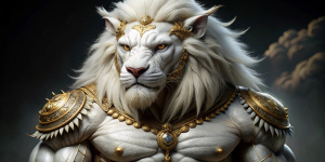 Ilustración detallada Leon de color blanco musculoso varonil con rasgos humanos, cuerpo peludo y con casco de guerrero decorado con oro,perlas,diamantes,pinchos en los hombros,3D,guerrero ,calidad 8k, 