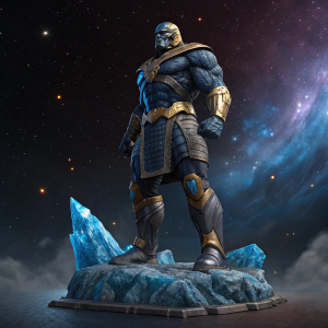 Highly detailed digital art of Darkseid from DC Comics. Set against a cosmic background with stars and nebulae, the figure stands on a platform of crystalline rock with blue, gray and gold hues. Illustration highlights the intricate design and powerful presence of the character.