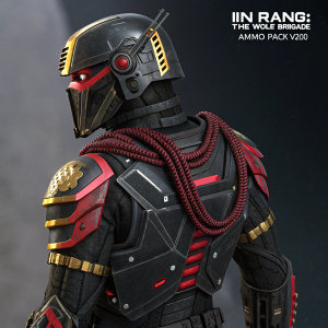 Digital illustration for a character in 'In Rang: The Wolf Brigade'. Futuristic, high-tech back armor. Black with red and gold accents. Detailed wiring, sharp-edged components, unique pattern of attachments. Text 'IN RANG' and 'AMMO PACK V200' featured prominently.