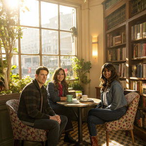 Andy Samberg, Chelsea Peretti, and Merrin Dungey inside a cozy cafe. Bright sunlight streaming through windows.
