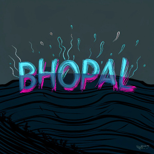 Digital art showcasing the name 'Bhopal' rendered in a radiant, glowing script. Text is comprised of flowing lines. Dark indigo background